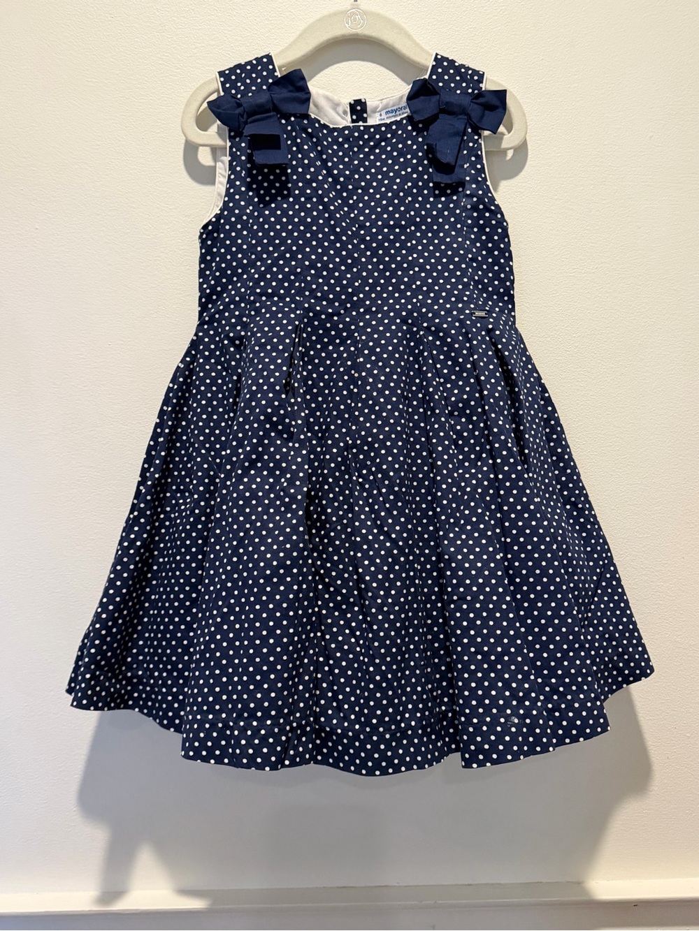 Mayoral Navy and White Polka Dot Party Dress with Shoulder Bows